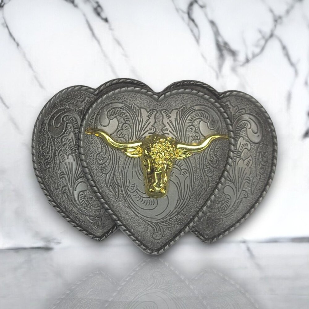 Triple Hear Antique Silver Finish Western Cowgirl Buckle With Golden Long Horn